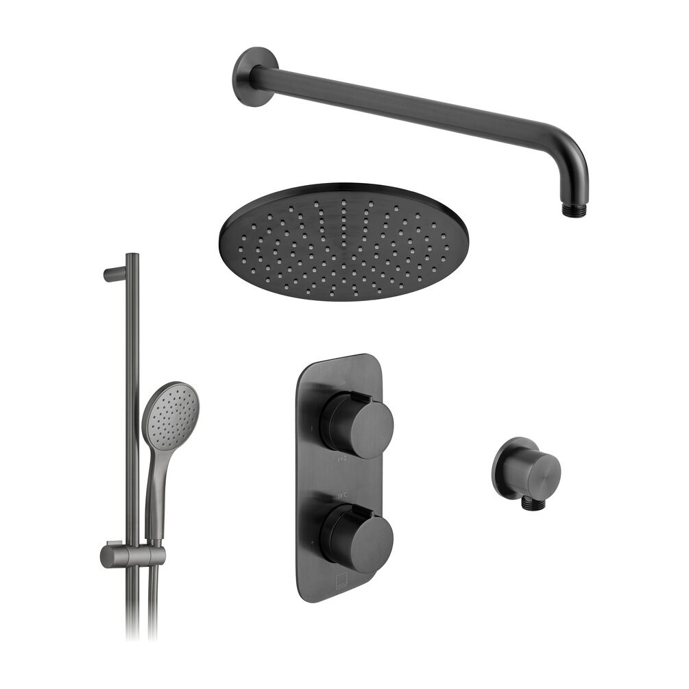 Cutout image of Vado Individual Brushed Black Round Dual Outlet Slide Rail Shower Pack